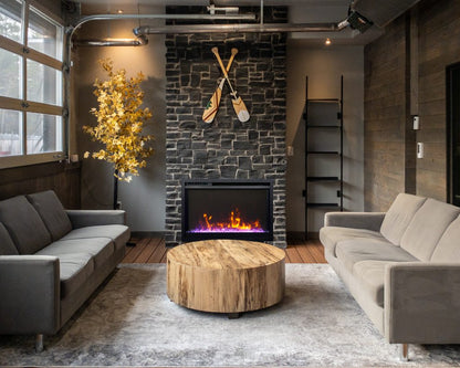 Remii Classic Slim electric fireplace installed with a mantel and surround