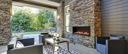 Remii WM Lumina electric fireplace installed in an approved outdoor setting