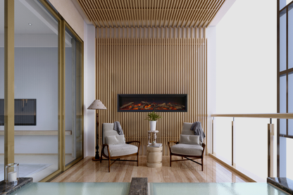 Amantii Symmetry Lumina electric fireplace installed on a covered balcony