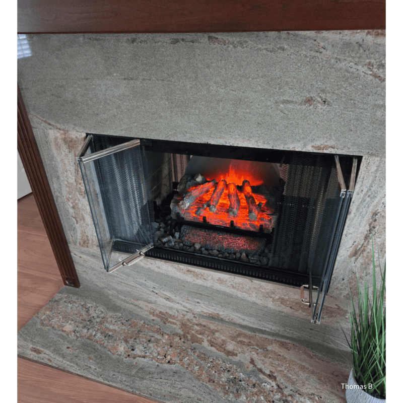 Touchstone BurnBrite electric log insert installed in a fireplace opening
