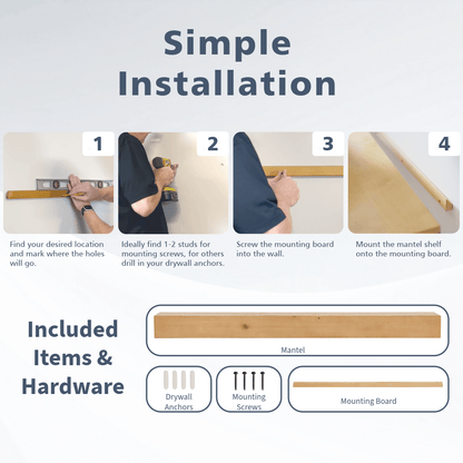 Encase Mantel installation and included hardware infographic