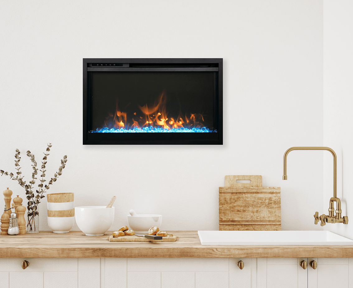 Amantii Traditional Xtraslim electric fireplace installed in a modern kitchen
