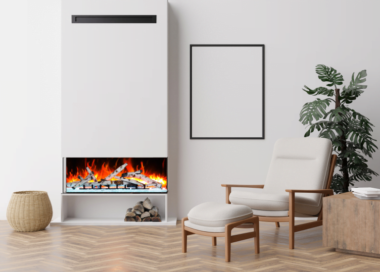Amantii Tru View Bespoke three-sided electric fireplace front and side view