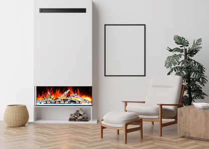 Amantii Tru View Bespoke three-sided electric fireplace front and side view