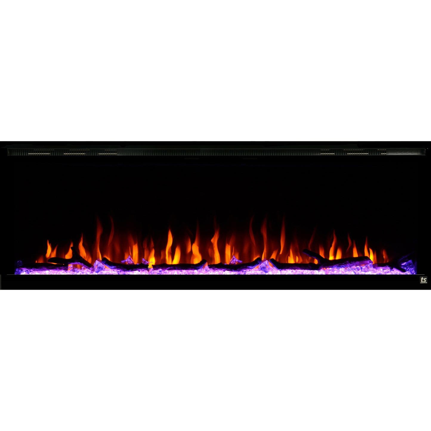 Black Touchstone Sideline Elite Recessed Electric Fireplace in combination of yellow, red, orange flame with purple crystals.
