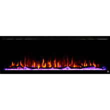 Load image into Gallery viewer, Black Touchstone Sideline Elite Recessed Electric Fireplace in combination of yellow, red, orange flame with purple crystals.