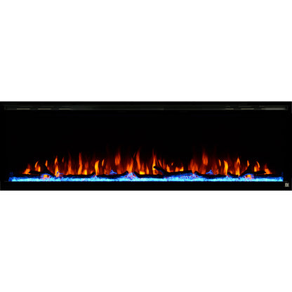 Black Touchstone Sideline Elite Recessed Electric Fireplace in combination of orange, yellow flame with blue crystals.