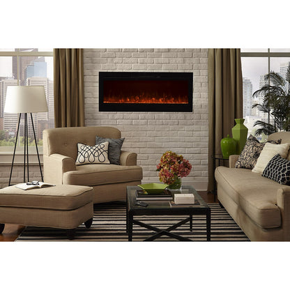 Living room with Touchstone Sideline 50" Recessed Mounted Black Frame Electric Fireplace | Recessed electric fireplace