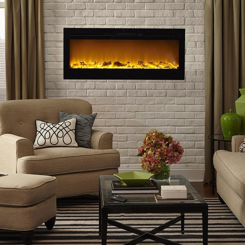 Living room with Touchstone Sideline 50" Recessed Mounted Black Frame Electric Fireplace | Fireplace  design