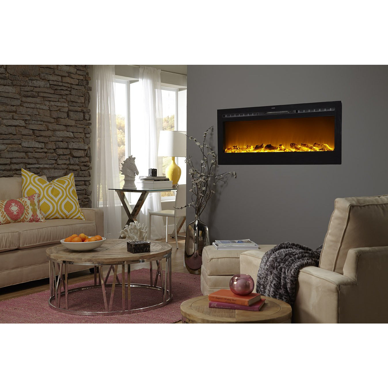 Living room with Touchstone Sideline 50" Recessed Mounted Black Frame Electric Fireplace | Fireplace remodel