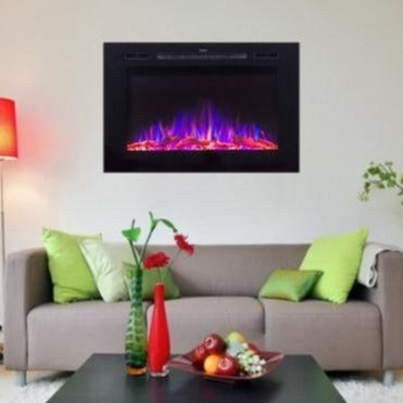 Colorful Living Room with Touchstone Forte 40" Black Frame Recessed Mounted Electric Fireplace  | Very Good Fireplaces