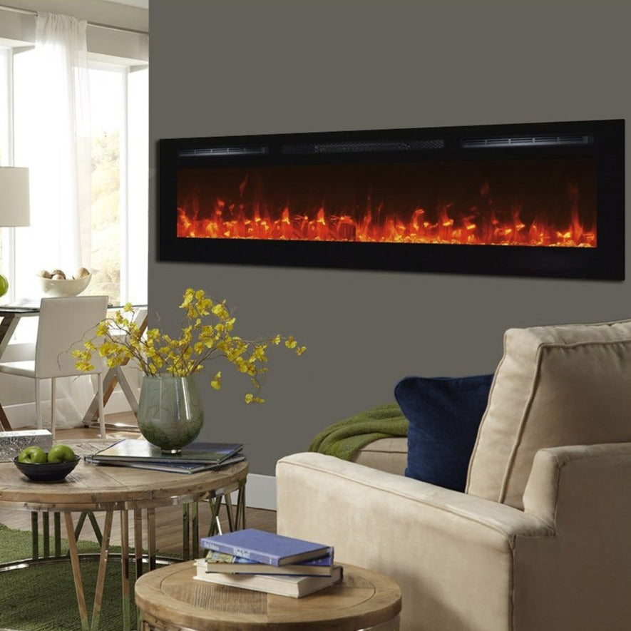 Living Room with Touchstone Sideline 72-Inch Recessed Mounted Black Frame Electric Fireplace | Very Good Fireplaces  