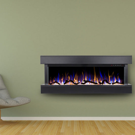 Minimalist modern green living room design with Touchstone Chesmont 50" Black Wall Mounted Electric Fireplace