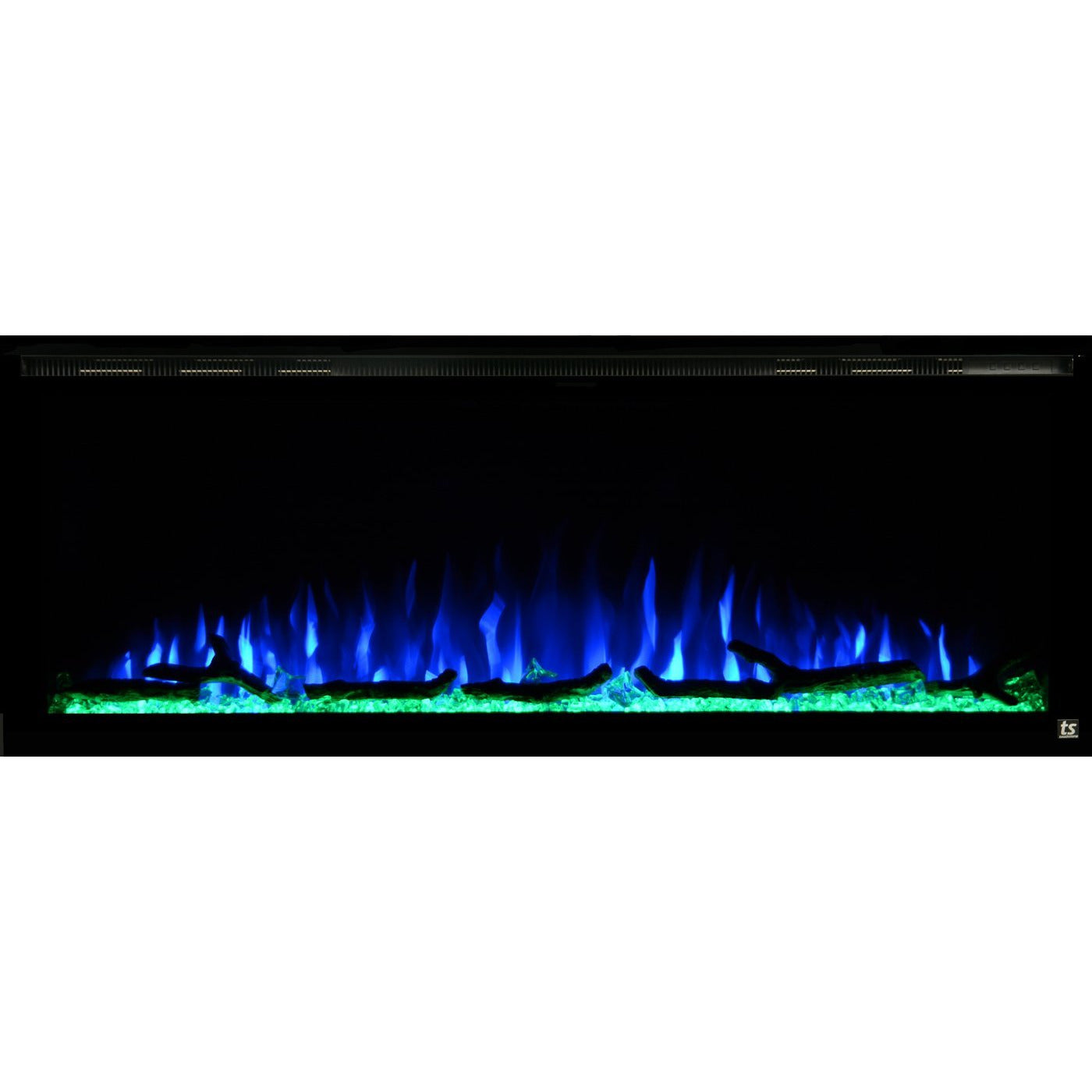  Black Touchstone Sideline Elite Recessed Electric Fireplace in combination of blue, purple flame with green crystals.