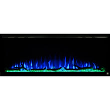 Load image into Gallery viewer,  Black Touchstone Sideline Elite Recessed Electric Fireplace in combination of blue, purple flame with green crystals.
