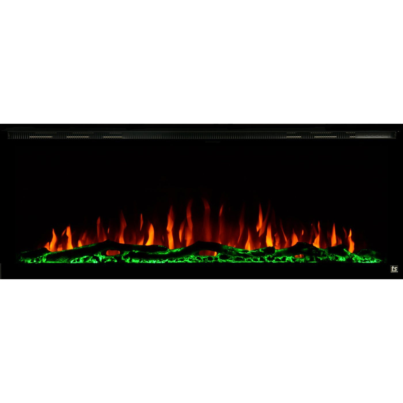 Black Touchstone Sideline Elite Recessed Electric Fireplace in combination of orange, yellow flame with green crystals.