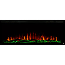Load image into Gallery viewer, Black Touchstone Sideline Elite Recessed Electric Fireplace in combination of orange, yellow flame with green crystals.