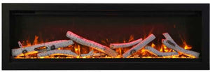 Amantii 100″ Symmetry Smart Indoor / Outdoor WiFi-enabled fireplace, featuring a multi-function remote control, multi-speed motor, and a 10 piece birch log set