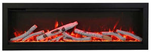 Amantii 100″ Symmetry Smart Indoor / Outdoor WiFi-enabled fireplace, featuring a multi-function remote control, multi-speed motor, and a 10 piece birch log set