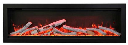 Amantii 60″ Symmetry Smart Indoor / Outdoor WiFi-enabled fireplace, featuring a multi-function remote control, multi-speed motor, and a 10 piece birch log set