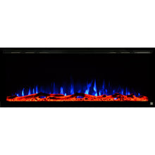 Load image into Gallery viewer, Black Touchstone Sideline Elite Recessed Electric Fireplace in combination of blue, purple flame with orange crystals.
