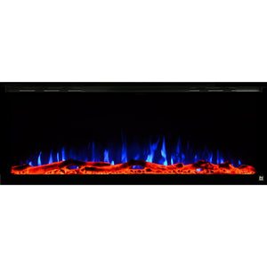 Black Touchstone Sideline Elite Recessed Electric Fireplace in combination of blue, purple flame with orange crystals.