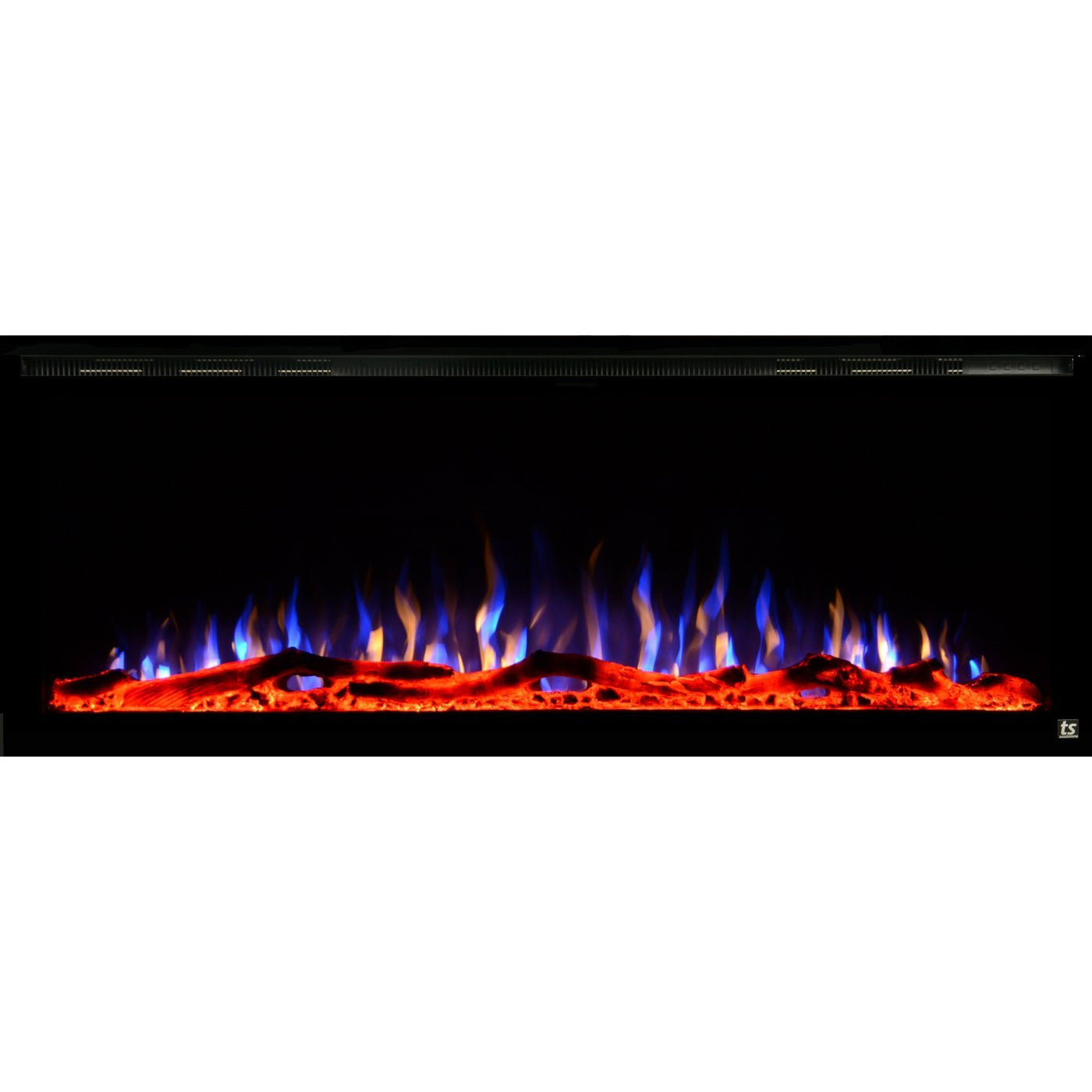 Black Touchstone Sideline Elite Recessed Electric Fireplace in combination of blue,yellow, purple flame with orange crystals.