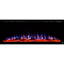 Load image into Gallery viewer, Black Touchstone Sideline Elite Recessed Electric Fireplace in combination of blue,yellow, purple flame with orange crystals.