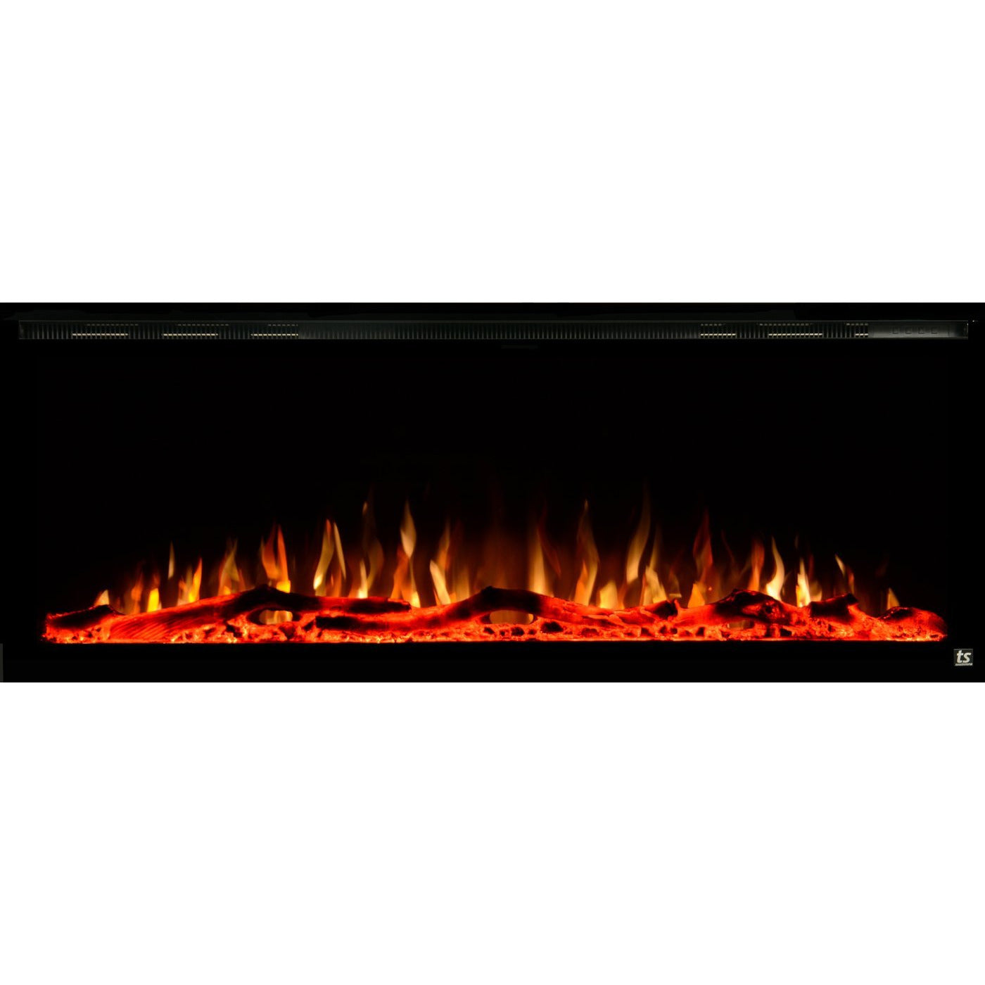 Black Touchstone Sideline Elite Recessed Electric Fireplace in combination of blue, red, yellow, purple flame with orange crystals.