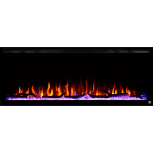 Black Touchstone Sideline Elite Recessed Electric Fireplace in combination of blue, red, yellow, purple flame with pink crystals.