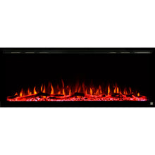 Load image into Gallery viewer, Black Touchstone Sideline Elite Recessed Electric Fireplace in combination of orange, red, yellow flame with red crystals.