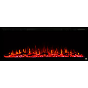 Black Touchstone Sideline Elite Recessed Electric Fireplace in combination of orange, red, yellow flame with red crystals.