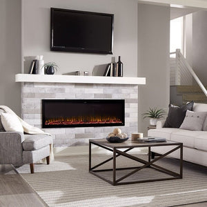 Beautiful living room with Sideline Elite 72" Recessed Electric Fireplace with green flame– Very Good Fireplaces.