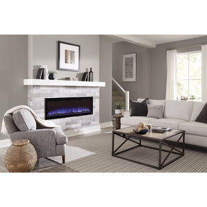 Beautiful living room with Sideline Elite 60" Recessed Electric Fireplace with purple flame– Very Good Fireplaces.