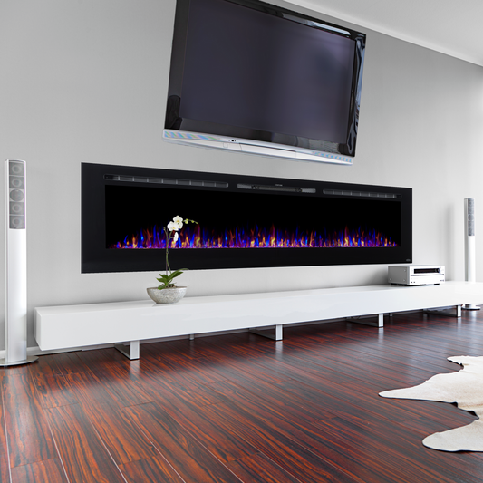 Wide and black modern built-in/wall mounted electric fireplace | Touchstone Sideline 100" Recessed Electric Fireplace