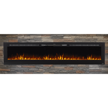 Load image into Gallery viewer, Yellow and orange flame built-in electric fireplace on brick wall | Touchstone Sideline 100&quot; Recessed Electric Fireplace