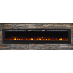 Yellow and orange flame built-in electric fireplace on brick wall | Touchstone Sideline 100" Recessed Electric Fireplace