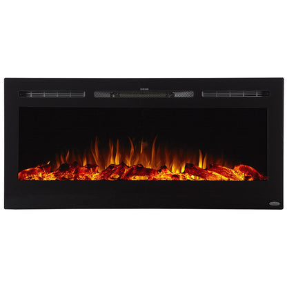 Touchstone Sideline 45" Recessed Mounted Black Frame Electric Fireplace, Yellow Orange Flame and Log | Very Good Fireplaces