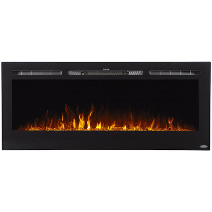 Yellow Orange Flame of Touchstone Sideline 50" Recessed Mounted Black Frame Electric Fireplace | Very Good Fireplaces