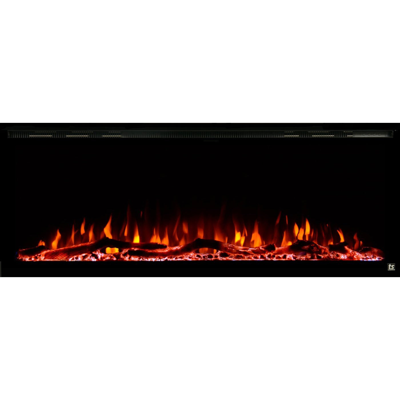 Black Touchstone Sideline Elite Recessed Electric Fireplace in combination of orange, red, yellow flame with orange crystals.