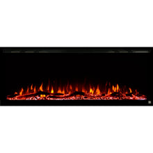 Load image into Gallery viewer, Black Touchstone Sideline Elite Recessed Electric Fireplace in combination of orange, red, yellow flame with orange crystals.