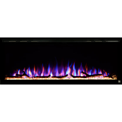 Black Touchstone Sideline Elite Recessed Electric Fireplace in combination of purple, blue, yellow flame with yellow crystals.
