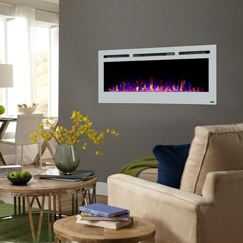 Touchstone Sideline 50" White Recessed Mounted Electric Fireplace with elegant white frame | Very Good Fireplaces