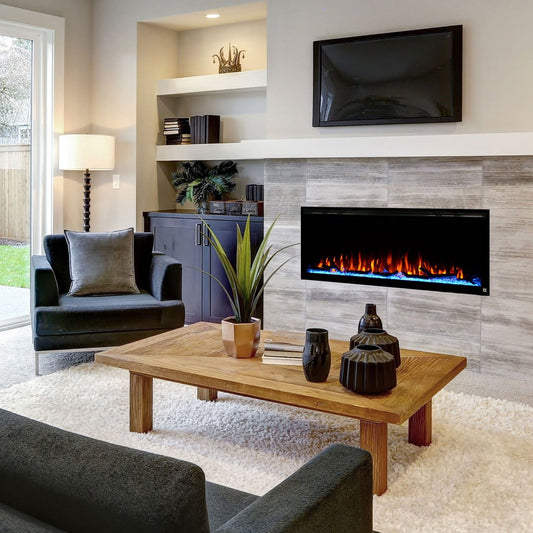 Living Room Design with Touchstone Sideline Elite 42" Recessed Electric Fireplace, Wall mount , Built in electric fireplace.