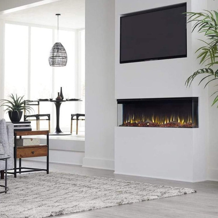 3-sided electric fireplace in living room under flatscreen TV